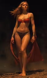 a woman wearing a bikini with red accents and an open cloak