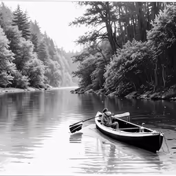 two people in a boat floating in a river