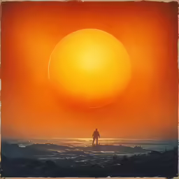 a man standing on a beach in front of an orange sunset