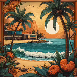 a painting of a beach scene with palm trees,tropical paradise painting of palm trees and waves