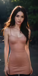 young beautiful woman with long dark hair wearing a tan dress and looking at the camera
