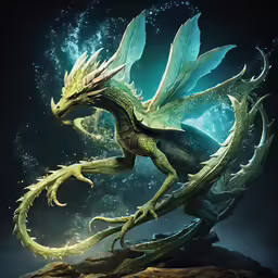 an artistic digital painting of a green dragon on a rock