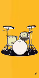 the drums are next to each other and yellow background,a drum set on a yellow background