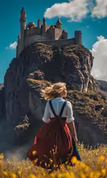 a woman with a long dress walking in the grass near a castle