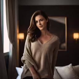 a woman standing by a bed posing for a photo