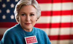 a smiling, blonde - haired woman in blue sweater with political message on a tag
