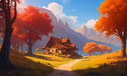 an animated image of a house in the forest,painting of an old log cabin near a road with fall trees