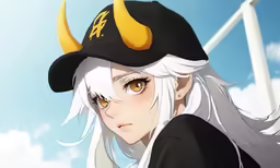 a person wearing white hair and a cap