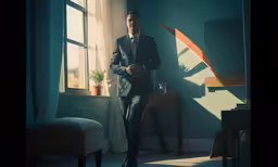 a man in suit and tie standing by window