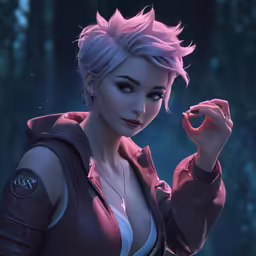 an animated, white haired woman wearing a pink leather outfit and piercing earrings