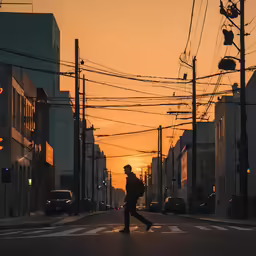 a silhouette of a man standing on a city street