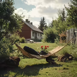 a man sleeping in a hammock hanging near a home