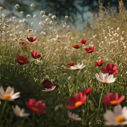 a field full of red and white flowers