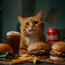 there is a cat looking at hamburgers and drink