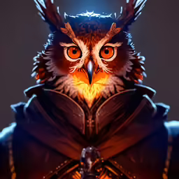 an owl with brown and orange eyes and an armor