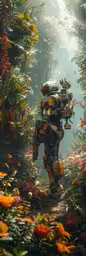 an artificial robot walking through some green bushes,there is an image of a robot that can be used as a backdrop