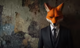 a man with an orange head and a suit stands in front of a gray background