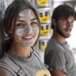 a girl with face painted to look like an angel,two people pose for a picture painted on