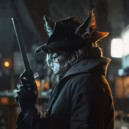 a woman dressed as a witch with a gun