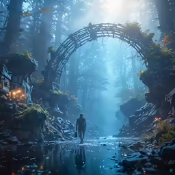 a man walks through an open blue forest at night