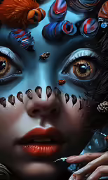 a young woman with blue eyes and elaborate body art