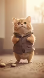 a cat dressed in a coat standing up
