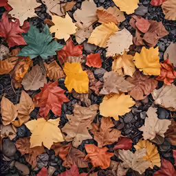 a bunch of leaves that are on some pebbles
