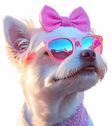 white dog wearing sunglasses with pink glitter bow and necktie