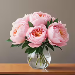 a bouquet of pink flowers in a vase on a table