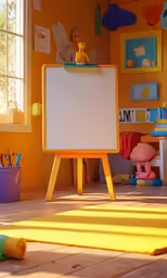 a room with yellow walls and various toys in pots