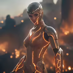 a woman with glowing hair wearing a futuristic suit