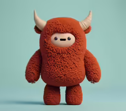a plush toy with horns stands on a blue background