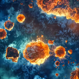 many orange bubbles are floating in the water