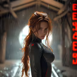 woman with wetsuit on posing under rain while on train tracks,a woman in leather dress standing in a rain tunnel