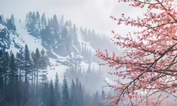 a misty hillside with trees covered in snow