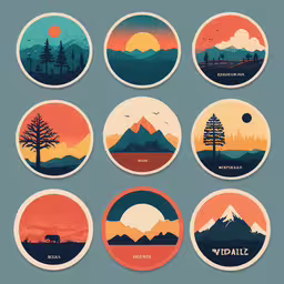 a set of six colorful circular stickers,some stickers are showing different images of the mountain range