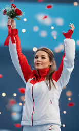 an olympic winning woman holding flowers and other decorations