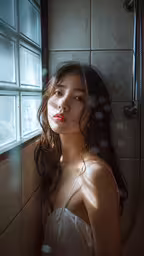 a women is standing behind a shower in the bathroom,a woman stands in front of a mirror and stares into the distance