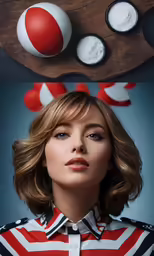 there are two pictures of a woman and a plate of doughnuts