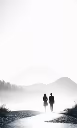 two people walking down a path near water