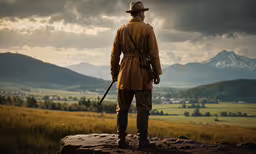the lone man is looking out over a meadow,the man in a cowboy hat is standing on top of the hill looking out at the valley