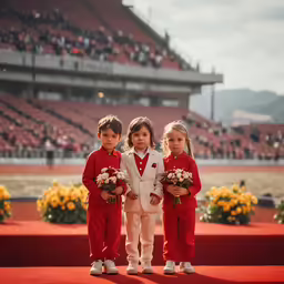 a bunch of kids wearing red and white outfits