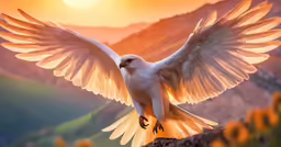 a white bird sitting on top of a rock with outstretched wings