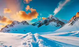 a snow covered field with snow mountains in the background