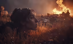 a woman laying on the ground with fire in the background