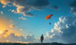 a man stands on top of a hill as a kite flies above