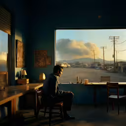 a man is sitting at a desk looking out the window,a person sits in front of a window with an unusual view