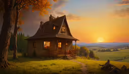 a painting of a small cottage in the woods,a painting of a home lit by the setting sun
