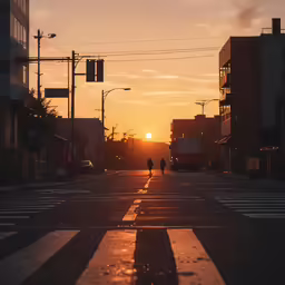 a sunset that has a person walking down a street