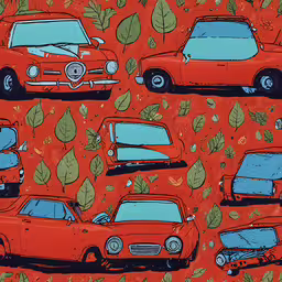 a background that has many different cars on it,a wall with many colorful cars and leafy leaves